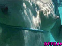 teen 18+ gives blowjob deepthroat, rides cowgirl, doggystyle by pool, cumshot on natural tits with lucky guy