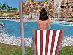 3D animated girl strikes sexy poses and showers by pool
