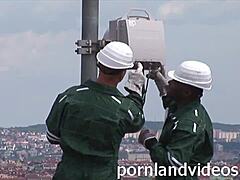 Interracial Workers Double Penetrate Skinny Young Whore in Outdoor Threesome