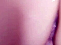 Cumshot on the bald slit of a petite Asian woman in doggy style position