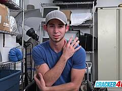 cute stud at office gets asshole rimmed and fucked by horny director's big black cock