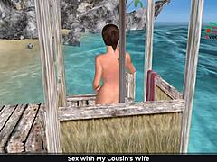 Cute girl poses sexy on beach and showers in 3d cartoon