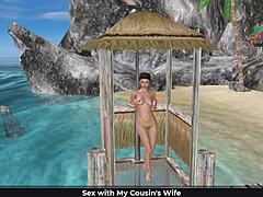 Cute girl poses sexy on beach and showers in 3d cartoon