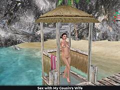 Cute girl poses sexy on beach and showers in 3d cartoon