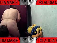 Tasting vaginal fluids of fat slut between thighs.