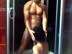 Juicy blowjob from young whore in steamy shower