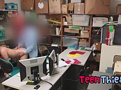 intriguing scene of teen with tattoos in shop, nude, spooning, involving cock, tits, sex, legs