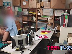 intriguing scene of teen with tattoos in shop, nude, spooning, involving cock, tits, sex, legs