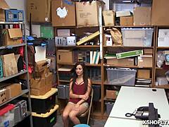 Jade Amber gets stripped down in the shop, then gives a deepthroat blowjob and handjob to the LP officer's monster cock before bending over for doggystyle and cowgirl action at work.