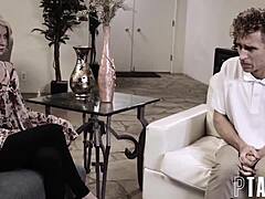 Alexis Fawx and Arya Fae in doggystyle threesome with stepson, bent over and cumshot.