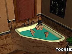 The sexy 3d babe masturbates first.