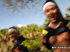 jogger besties split a stranger's huge cock together