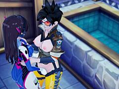Dva and Tracer enjoy hot lesbian action in Overwatch