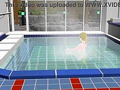 Anime woman takes a bath in a Japanese public bath called sento