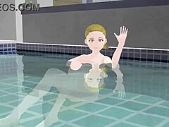 Anime woman takes a bath in a Japanese public bath called sento
