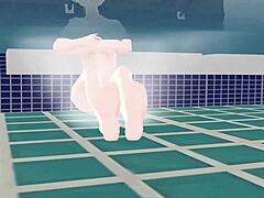 Anime woman takes a bath in a Japanese public bath called sento