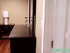 Cock-hungry teen stepsis bends over for blowjob and pussy pounding.