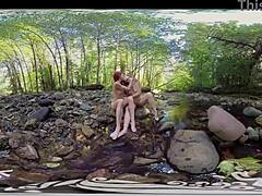 Redhead and blonde have outdoor fun with shaved pussies