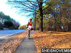 Skinny ebony babe rides bicycle with upskirt nudity