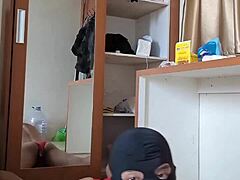 Sexy gay in red underwear and mask plays anal deep