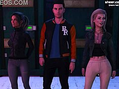 Two young sluts share cock in public outdoor threesome