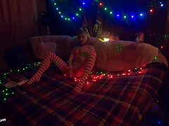 A milf enjoys sloppy blowjob and doggy anal during christmas, creampie closeup.