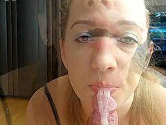 Naughty step sister gives sloppy blowjob to stepbrother while he plays xbox