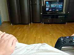 Naughty step sister gives sloppy blowjob to stepbrother while he plays xbox