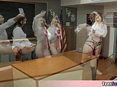 Three cute teens play with teacher in wild pussy class