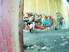 Chubby couple bangs hard against public street wall.