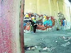 Amateur couple uses wall for hard sex outside