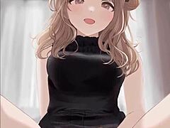 Anime girl in black dress rides cock and gets covered in cum.