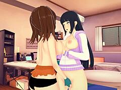 Hinata and Diane from Naruto and Seven Deadly Sins in lesbian cartoon scene. Anime hentai crossover.