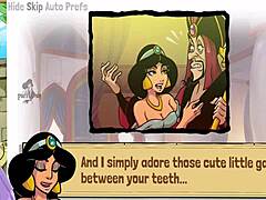 Jafar and the Queen trainer in an uncensored hentai game with big boob groping