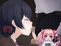 Otaku goddess on her knees, worshipping anime cock and cum