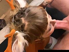 cute costumed girl with piercing gets facefucked deep
