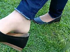 Tan nylons and flats with shoeplay and dipping fetish