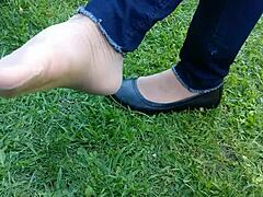 Tan nylons and flats with shoeplay and dipping fetish
