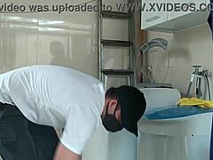 Housewife seduces repairman while getting wet in the tub