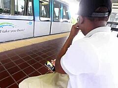 A pregnant woman gets oral sex from a black man in public