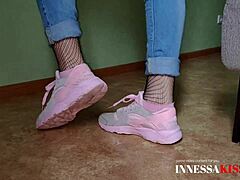 housewife flaunts cute heels and big tits on camera