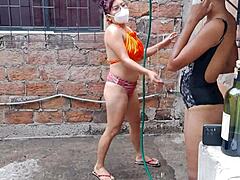 the whores intensely enjoy their day off bathing and massaging their tits and vagina in the country house