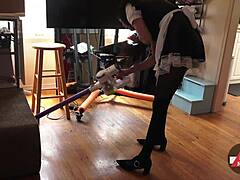 French Maid Vacuums House in Revealing Skirt and Costume