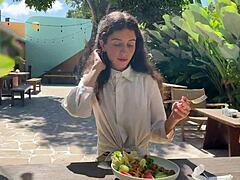 Cum blasted on her face in public cafe, she just eats lunch with it drippin - crazy cumwalk