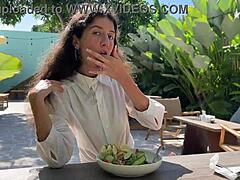 Cum blasted on her face in public cafe, she just eats lunch with it drippin - crazy cumwalk