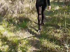 walking in high heels through the wild woods today