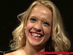 euro babe in stockings gets punished before swallowing cum in garage bondage.