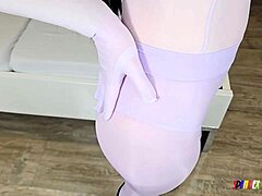 Spandexqueen explodes and milks him dry on purple nylon pantyhose