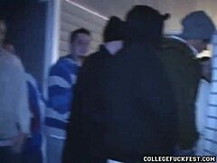 Teen brunette babe gets her tight pussy pounded hard at wild party
