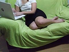 Curvy latina enjoys homemade sofa session with toys